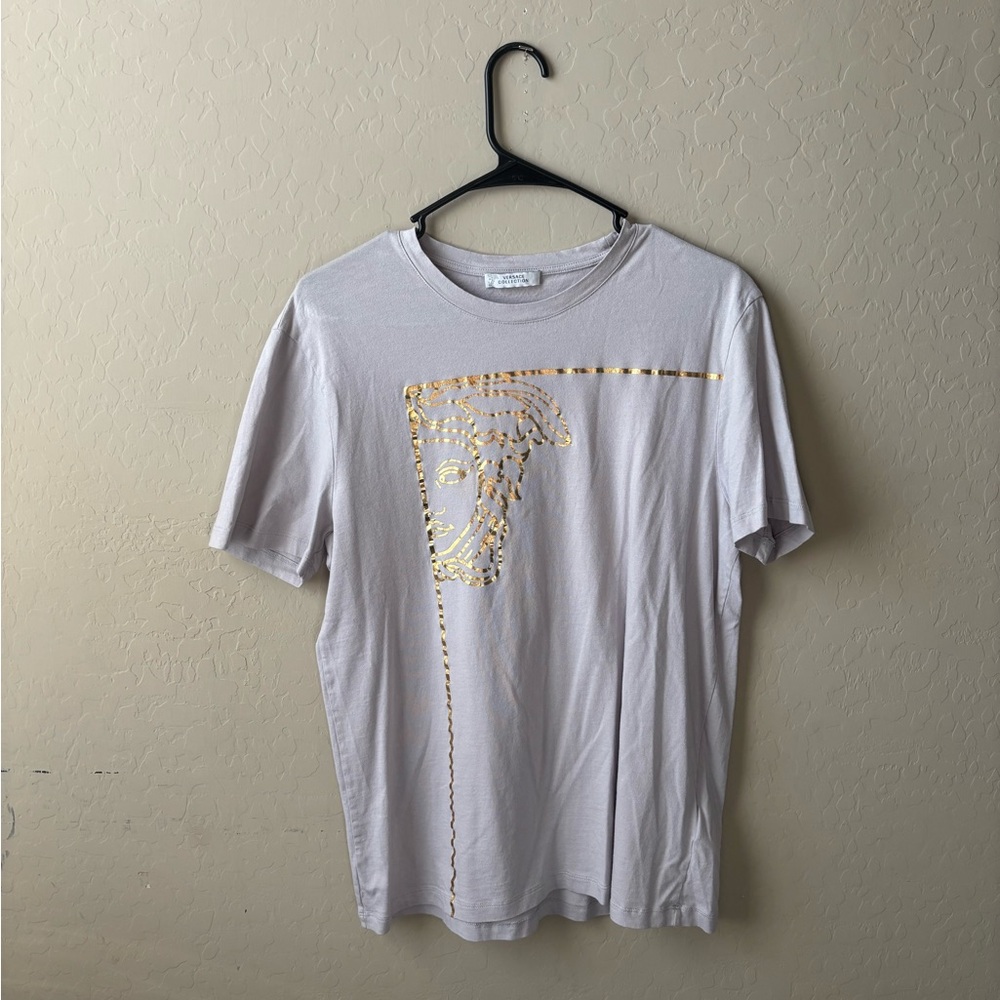 Versace Men's White Tee with Gold Graphic